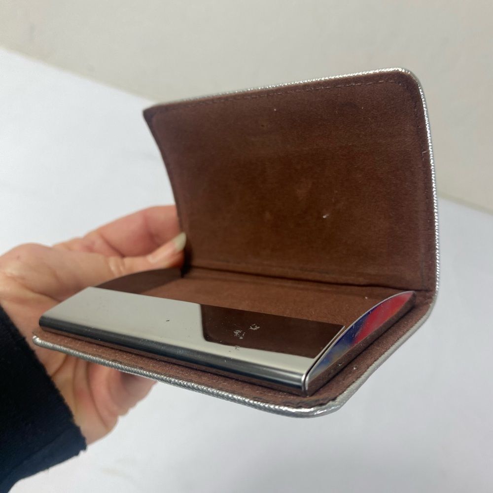 Vintage Silver Leather and Brown Card Holder Hollywood Regency